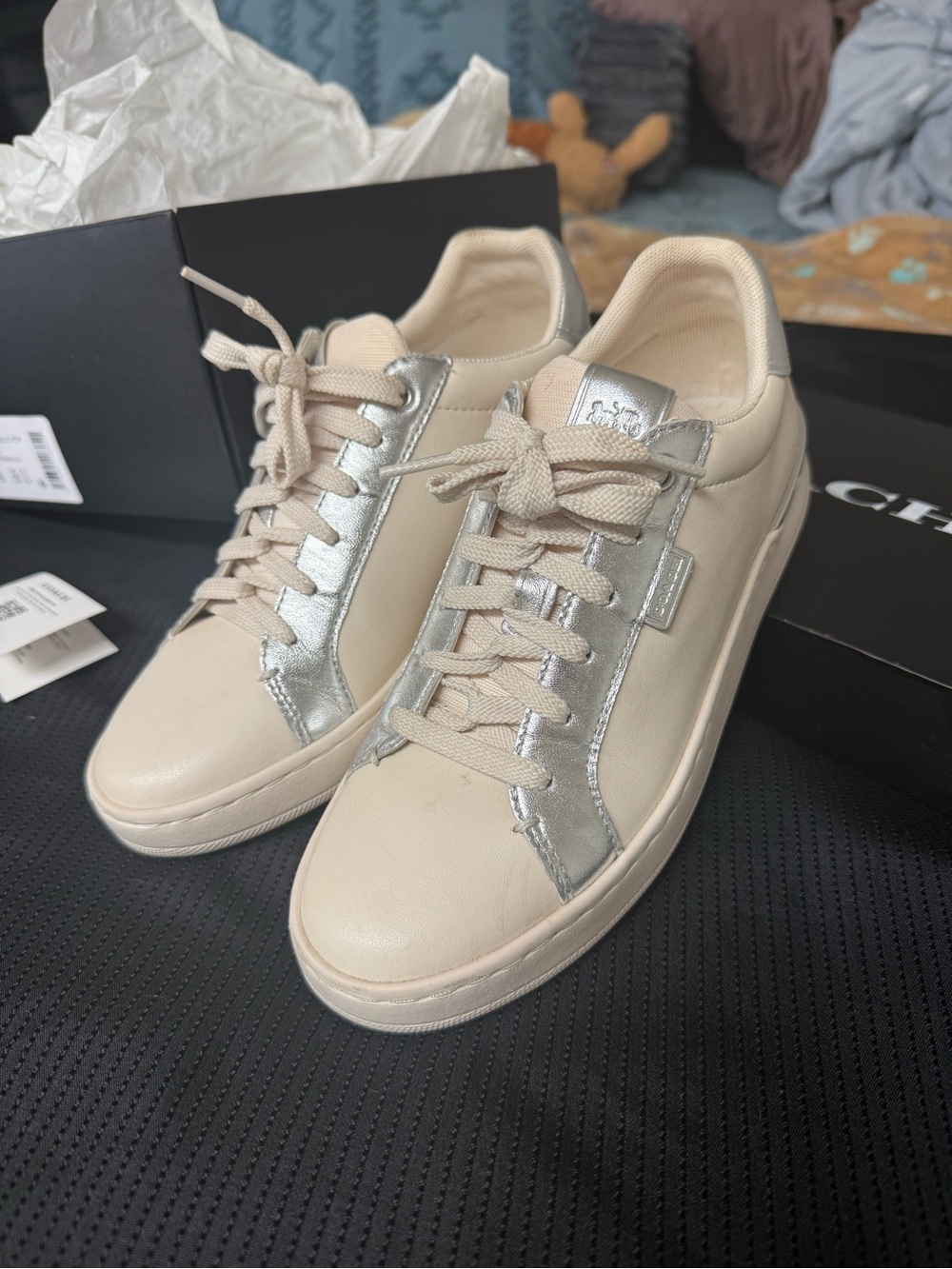 Coach Women's Leather Sneakers in Beige & Silver Metallic